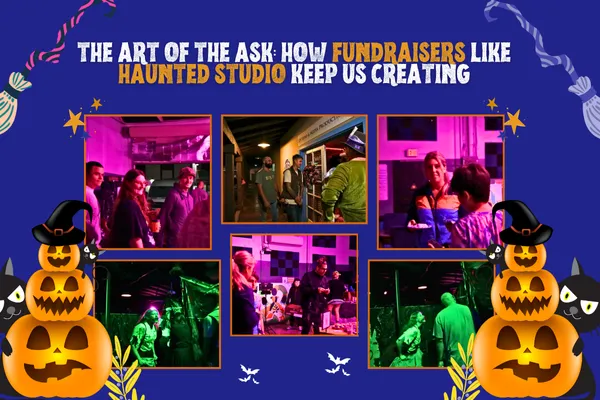 Guests enjoying Haunted Studio fundraiser event celebrating creativity and community