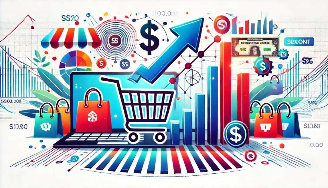 An illustration of rapid business growth in the eCommerce sector. Show a graph with an upward trend, shopping carts, and a dollar sign to symbolize revenue growth. Include vibrant colors to make it eye-catching.