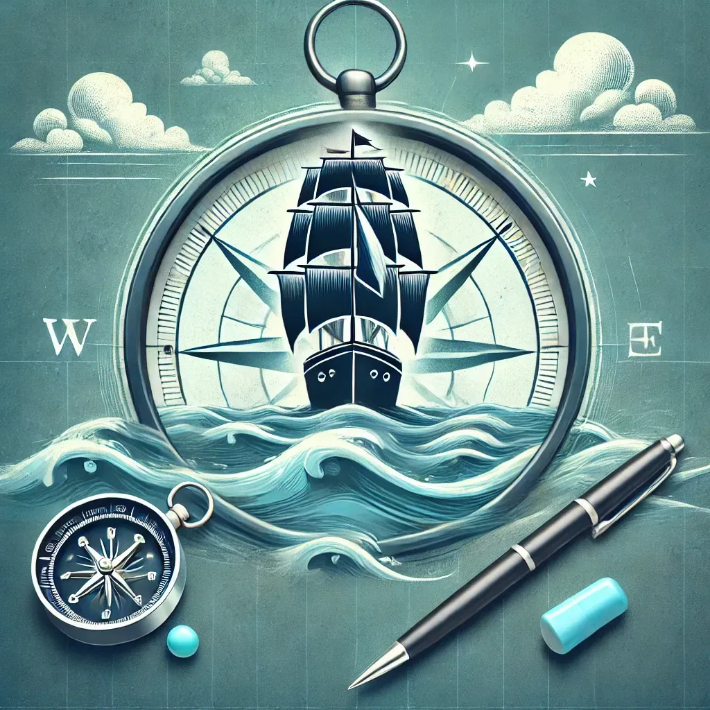 A ship representing an SME navigating through choppy waters with a compass and clear sky in the background, symbolizing strategic planning and direction
