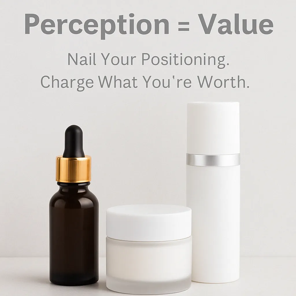Three skincare products styled in minimalist packaging with overlay text "Perception = Value – Nail Your Positioning. Charge What You're Worth."