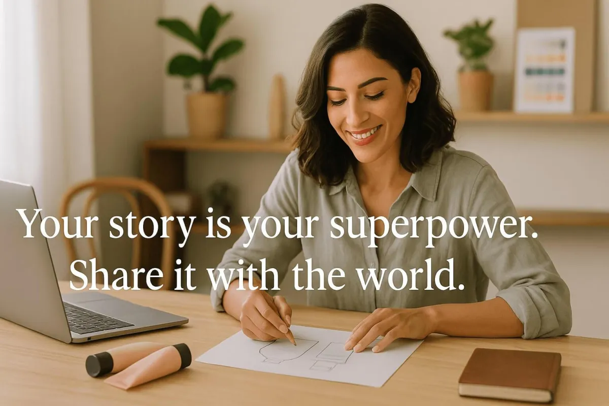 A smiling woman sits at a desk designing skincare packaging, surrounded by a laptop and beauty products. Overlaid text reads: 'Your story is your superpower. Share it with the world.' The scene conveys creativity, empowerment, and authenticity.