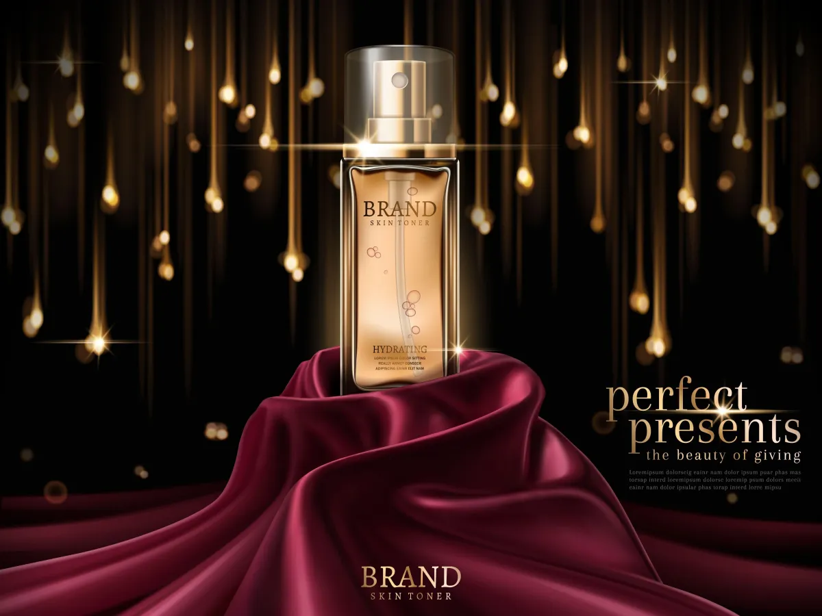 Luxury beauty product display with a gold-toned skin toner bottle on burgundy satin fabric, surrounded by glowing golden light streaks on a black background. Elegant holiday or gift-themed presentation.