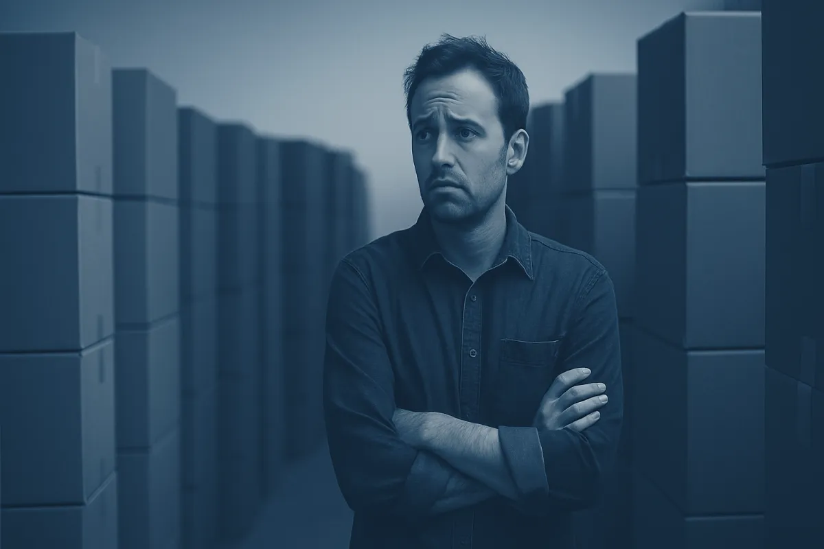 Anxious founder in warehouse surrounded by cardboard boxes before product launch
