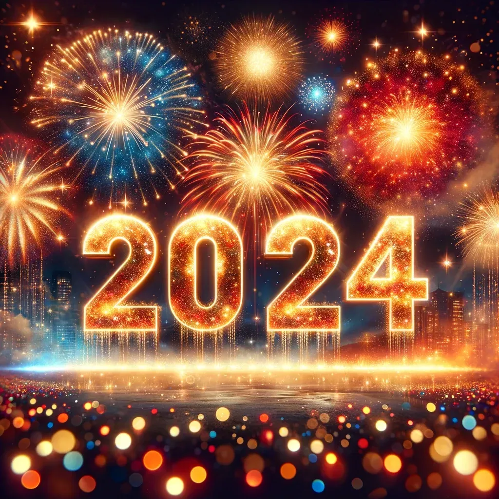 2024 New Year celebration with fireworks and sparkling lights, festive colors of gold, red, and blue, symbolizing joy and excitement for the New Year.