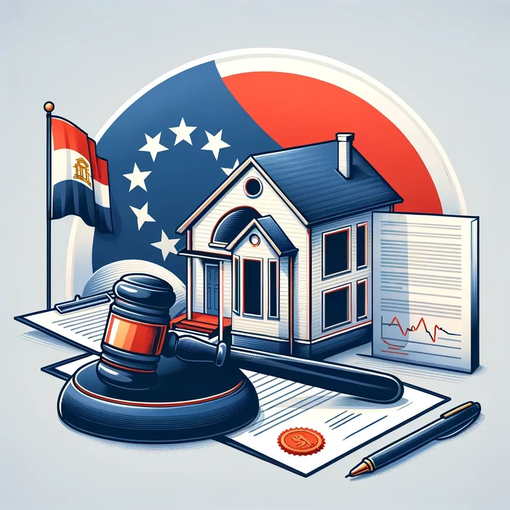 Professional blog image depicting the complexities of Georgia's foreclosure laws, featuring a house, gavel, legal documents, and the Georgia state flag in the background, symbolizing legal guidance for homeowners.