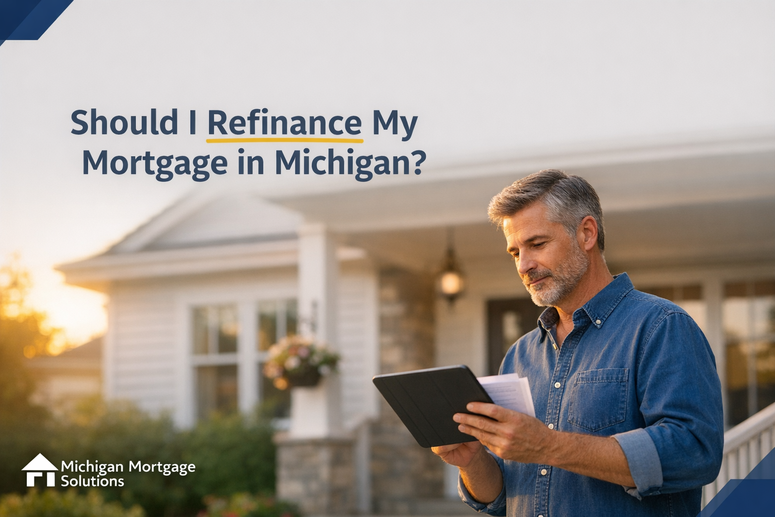 Happy Michigan man reviewing his refinancing options on his tablet in his front yard