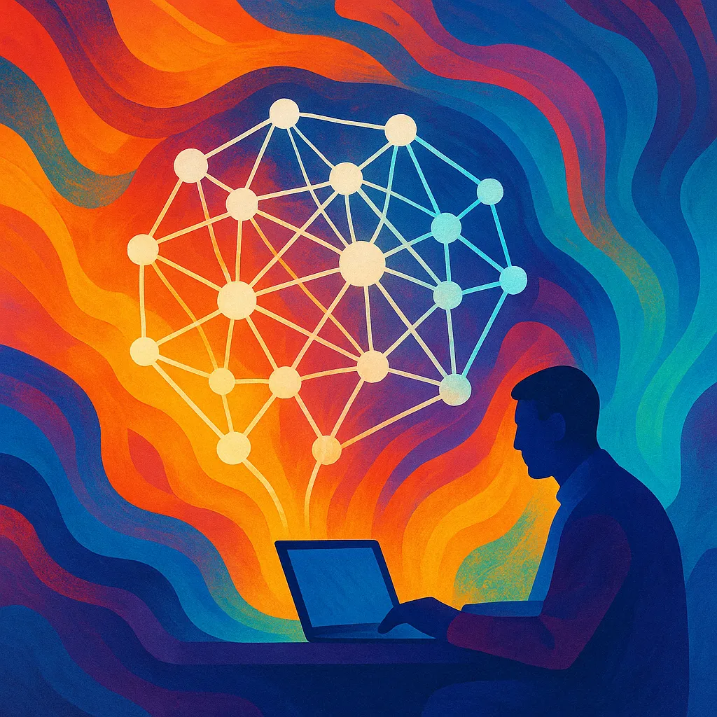 Vibrant and abstract digital illustration showing business owner interacting with AI assistant, swirling colors and glowing neural-network visuals.
