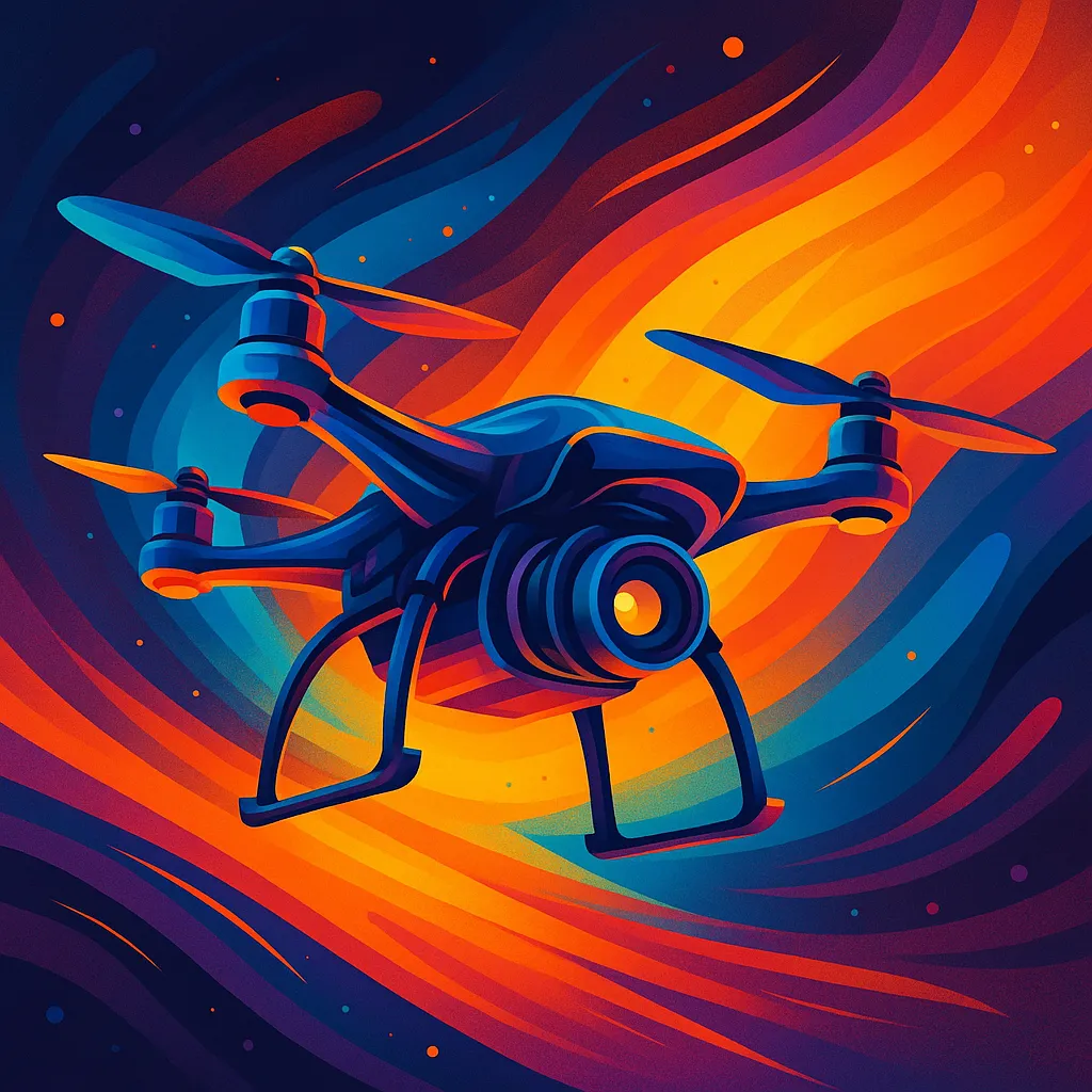 Colorful illustration of a drone flying through swirling orange and blue skies