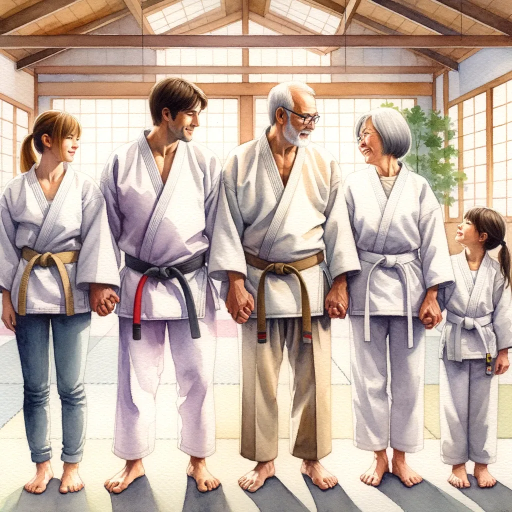 Watercolor depiction of a European family at various stages of their martial arts journey, united through Folsom Academy's family-friendly programs.
