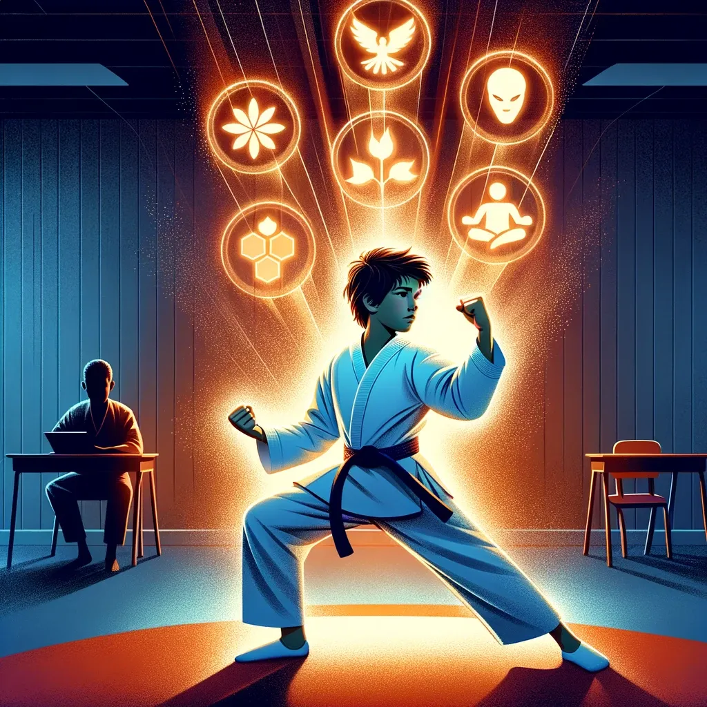 Illustration of Martial Arts and Personal Growth_ A captivating illustration showcasing a boy of Hispanic descent performing a martial arts move.