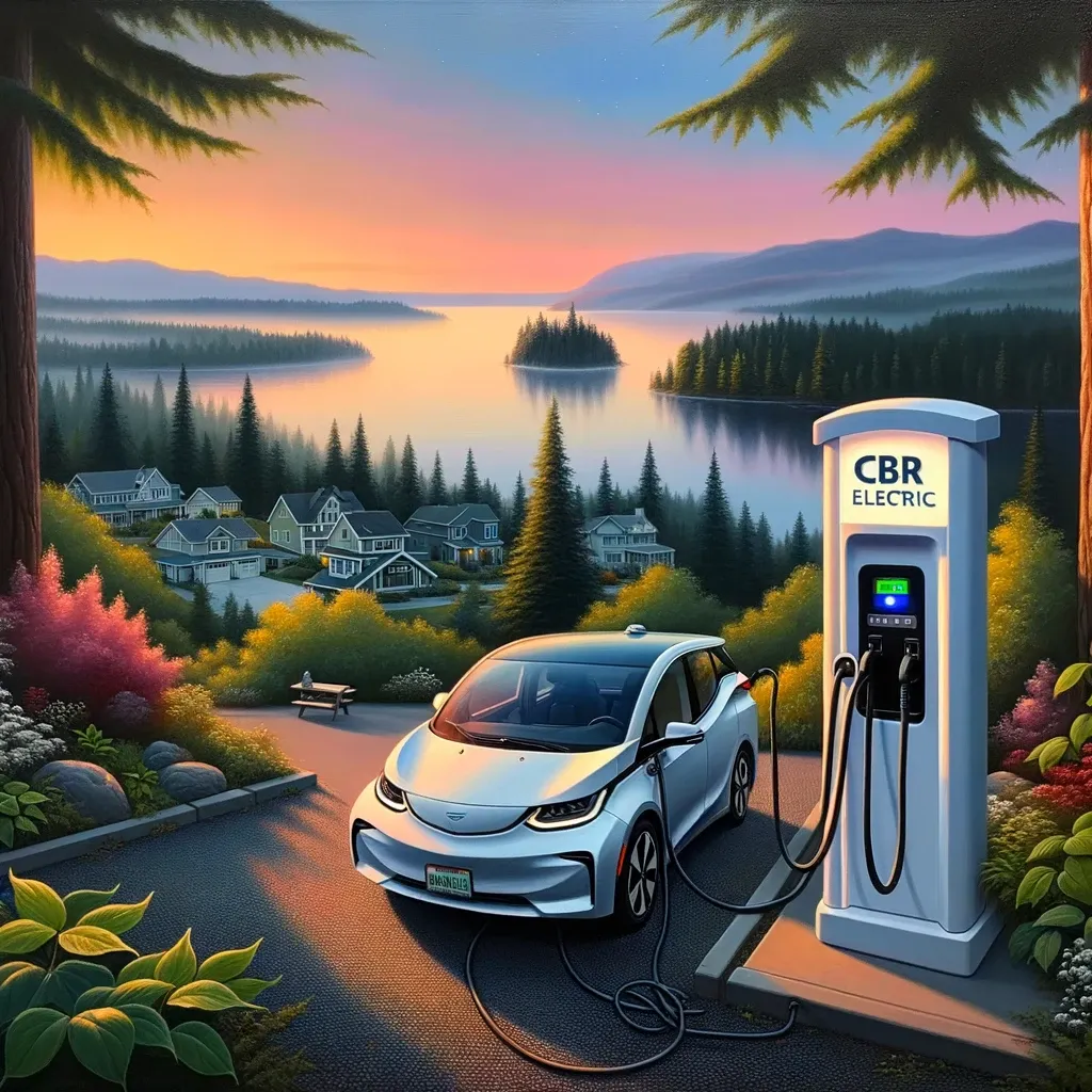 Scenic view of Bonney Lake with an electric car charging at home, surrounded by lush greenery under a sunset.