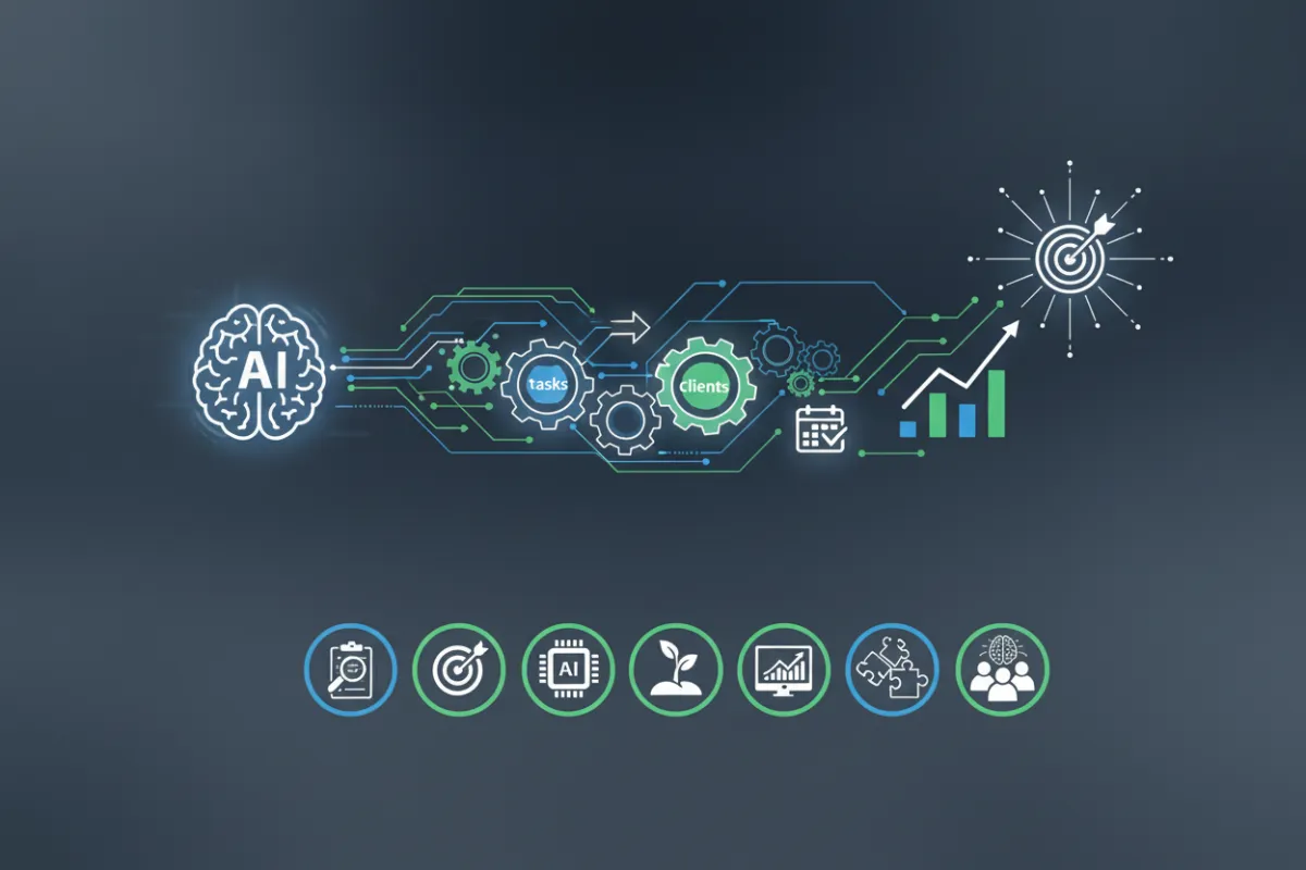 Illustration of small business owners using AI assistants for automation and client engagement