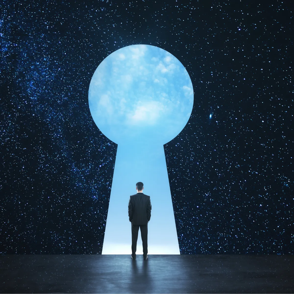 Leader standing at keyhole, symbolising strategic pivots and decision-making under relentless change.