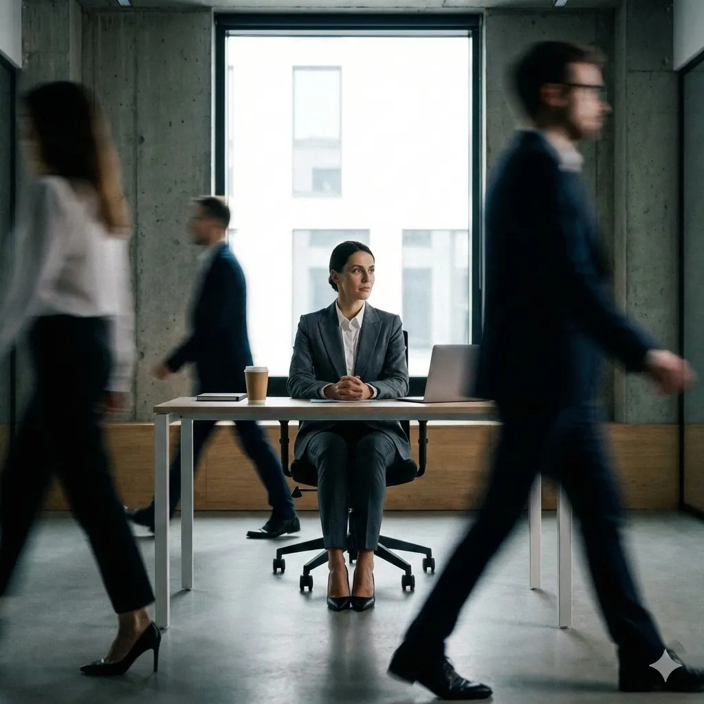 Female leader witting contemplating presence and performance and shifting perspective on the matter.