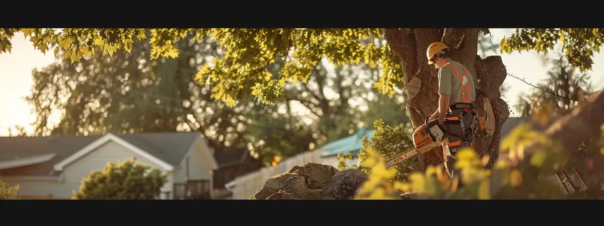 A Scene of a professional tree contractor cutting down a tree