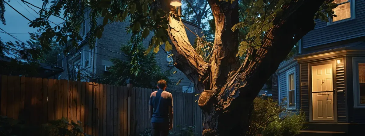 A concerned homeowner stands in front of a tree in his yard