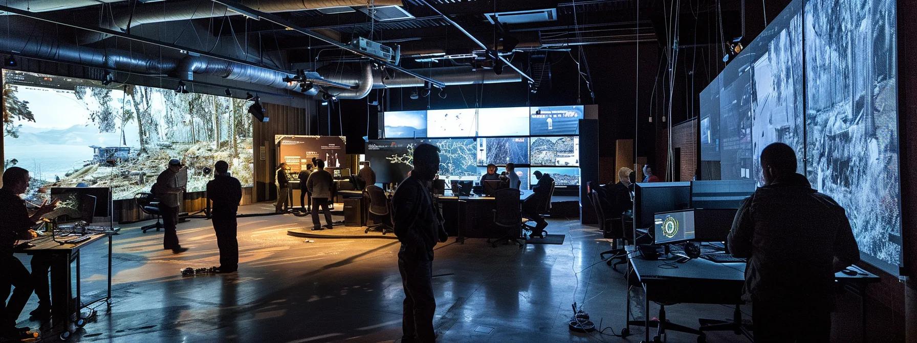 an urban emergency response center bustling with activity, showcasing a large digital display of local tree removal services, alongside professionals engaged in rapid communication and analysis of real-time updates and customer ratings on screens, all illuminated by bright overhead lights.