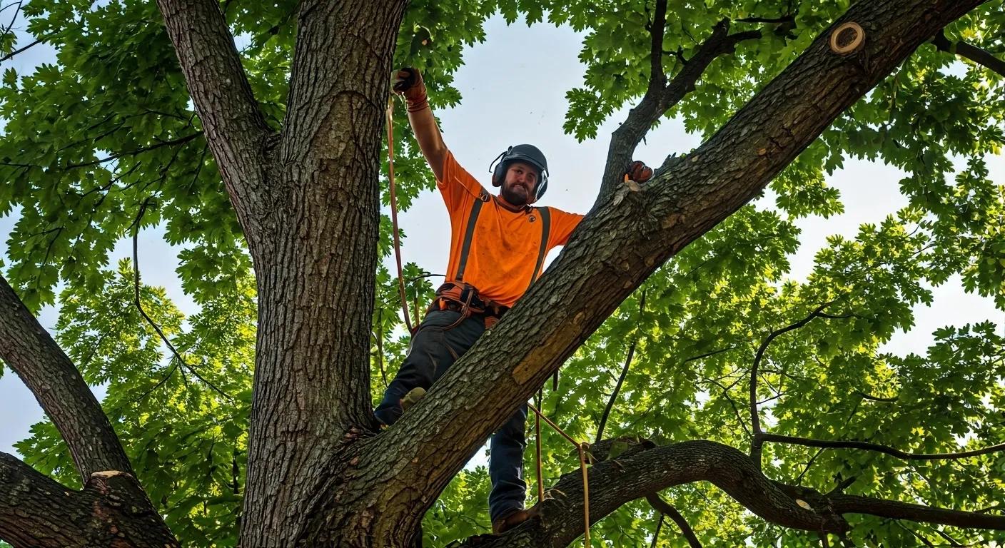 A Scene of a professional tree contractor (New Horizons Owner: Chad Watercott) cutting down a tree