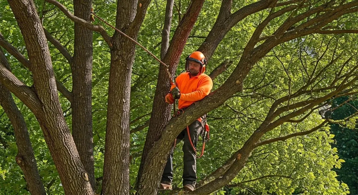 A Scene of a professional tree contractor (New Horizons Owner: Chad Watercott) cutting down a tree
