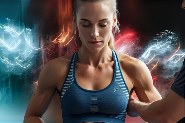 A fit, muscular woman in a blue sports bra is seen focusing with her eyes closed while receiving physical therapy or massage treatment on her shoulder. The image features a high-contrast, vibrant background with red and blue light streaks, symbolizing energy, motion, and recovery. Ideal for fitness, rehabilitation, physiotherapy, or sports performance websites aiming to convey strength, healing, and peak performance.