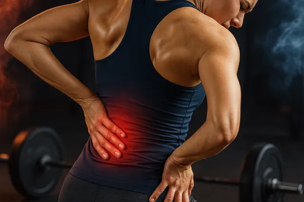 Athletic woman in a gym holding her lower back in pain, highlighting a possible lower back injury from weightlifting.