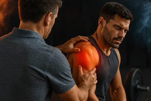 Clinician assessing shoulder pain in male athlete during rehabilitation