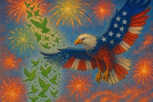 Eagle Flying and flock of green parakeets