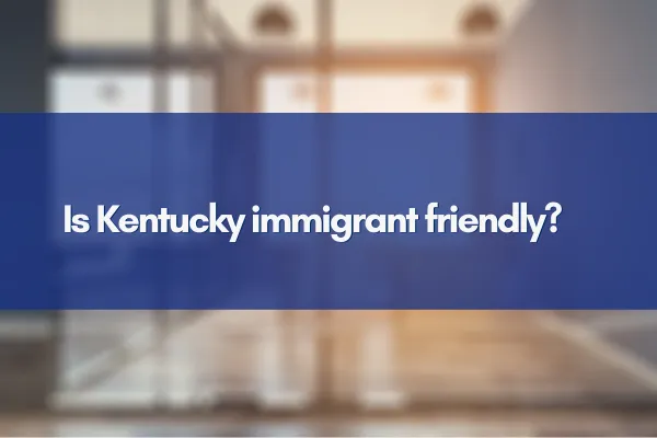 Diverse group of immigrants smiling and interacting in a friendly Kentucky community setting with Paducah skyline in the background.