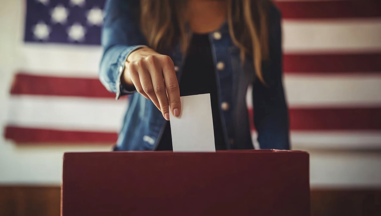 Woman inserting ballot in front of American Flag