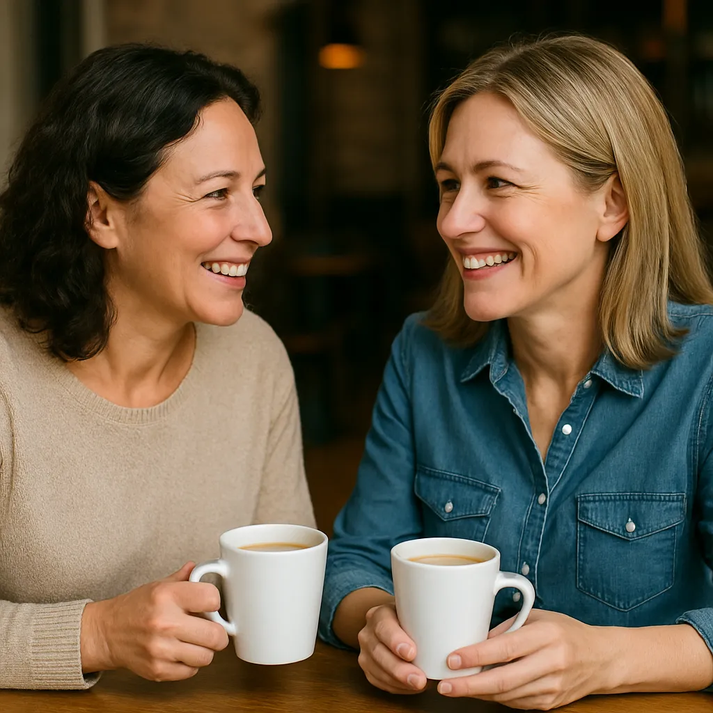 Two women sitting at a table in a cozy café, each holding a white mug of coffee or tea. One woman has wavy dark hair and is wearing a light beige sweater, while the other has straight blonde hair and is wearing a blue button-up shirt. They are facing each other and appear to be engaged in a friendly conversation.