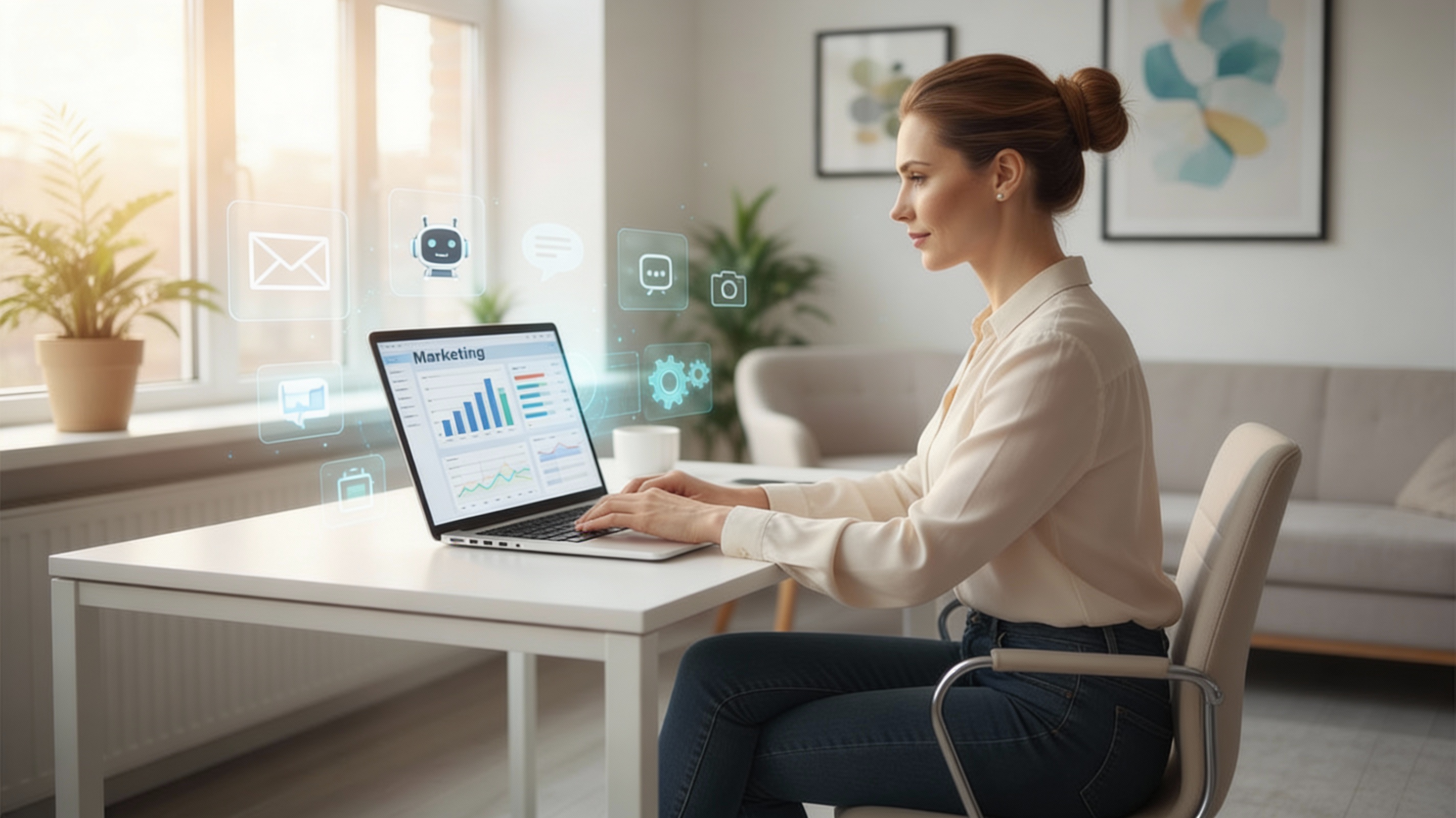 A woman nurse entrepreneur in jeans and a blouse sits at a desk in a bright home office, working on a laptop with subtle AI marketing icons for email, chatbots, social media, and automation surrounding her.