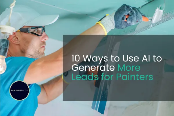 Professional painter working on a ceiling with a putty knife. Text overlay reads '10 Ways to Use AI to Generate More Leads for Painters' with the Buildwise Media logo. The image conveys the integration of AI tools for lead generation in the painting industry.