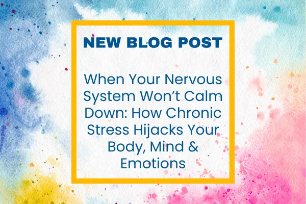 Colorful watercolor background in shades of blue, pink, yellow, and orange with a gold border framing bold navy-blue text that reads: “NEW BLOG POST — The Real Reason You Feel Stuck & How To Break Free For Good.” The design is bright, uplifting, and aligned with Cindy Shaw’s Break the Cycle Coaching Academy brand colors of blue (#025490) and gold (#ffba00), conveying empowerment, clarity, and transformation.