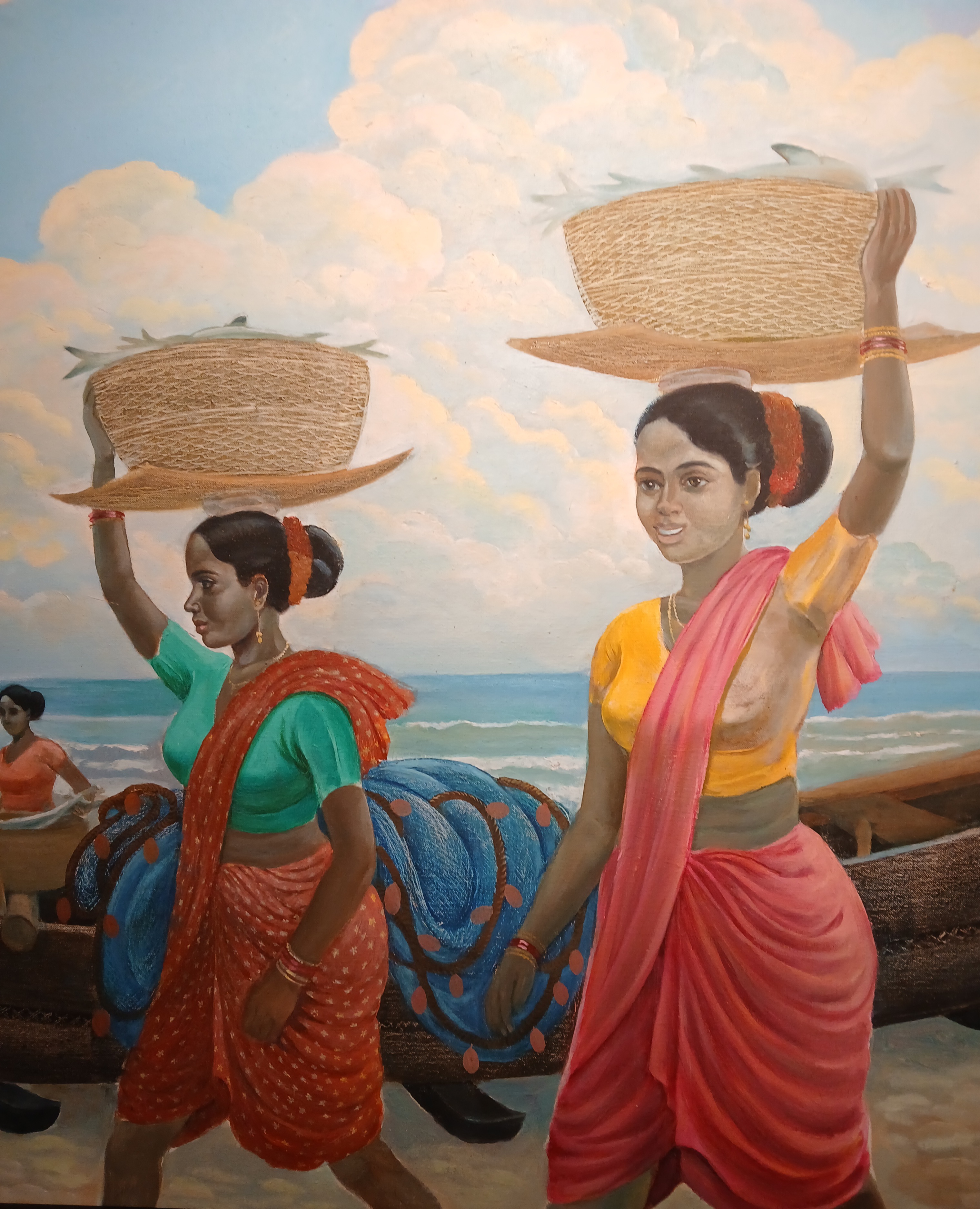 Two women carrying baskets of fish on their heads