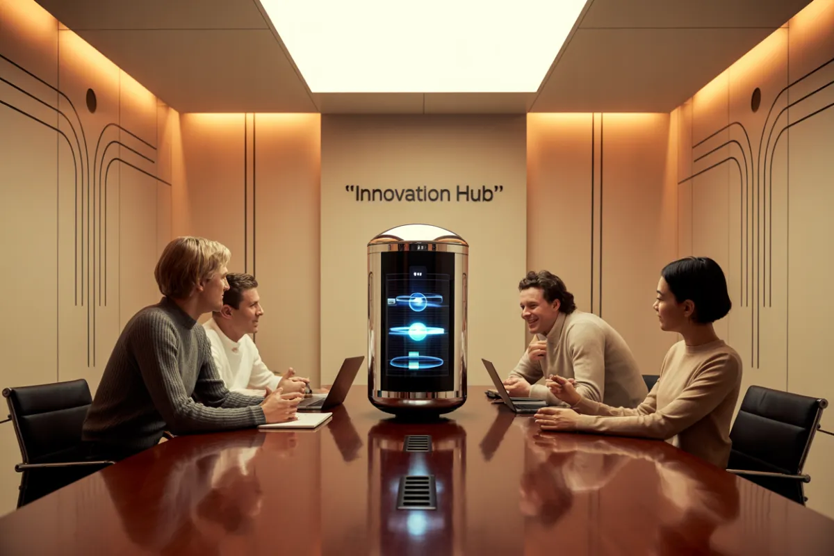 A photograph of a retro-futuristic boardroom featuring five casually dressed business people engaged in a meeting with a sleek, chrome boardroom AI bot. The AI bot is cylindrical with a holographic display showing rotating data visualizations, positioned centrally