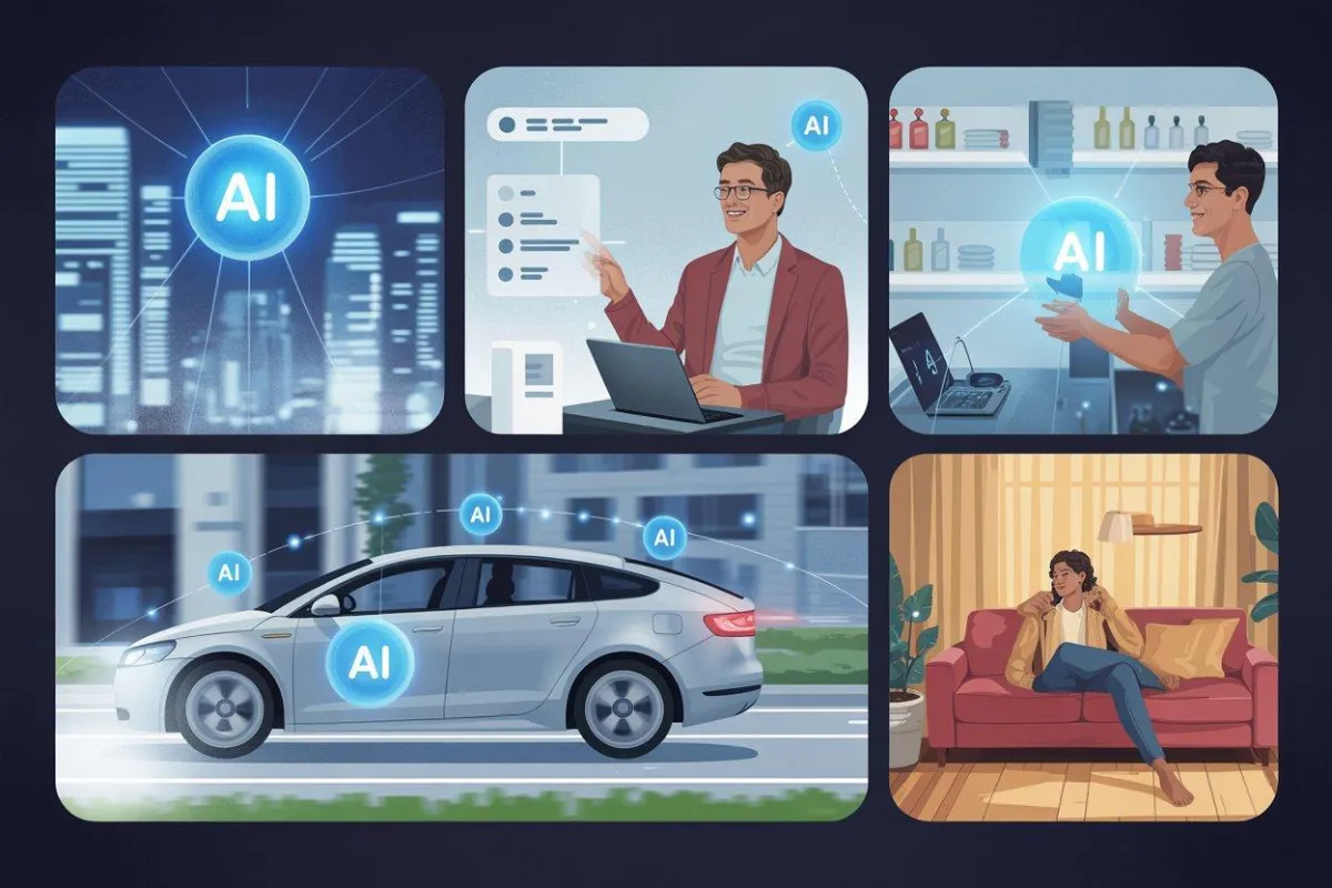 Illustration of an everyday man performing daily tasks and business activities with AI-powered devices and applications in the background.