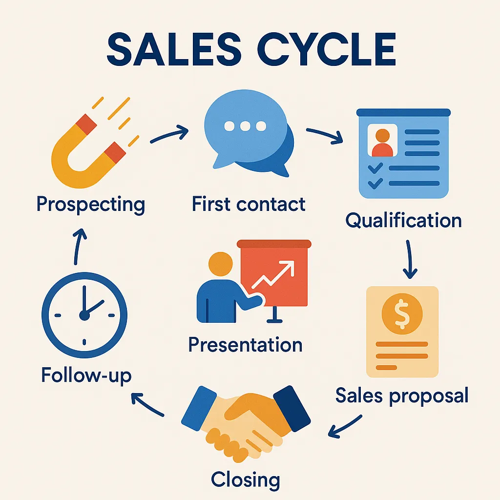 A modern, circular infographic detailing each stage of the sales cycle.