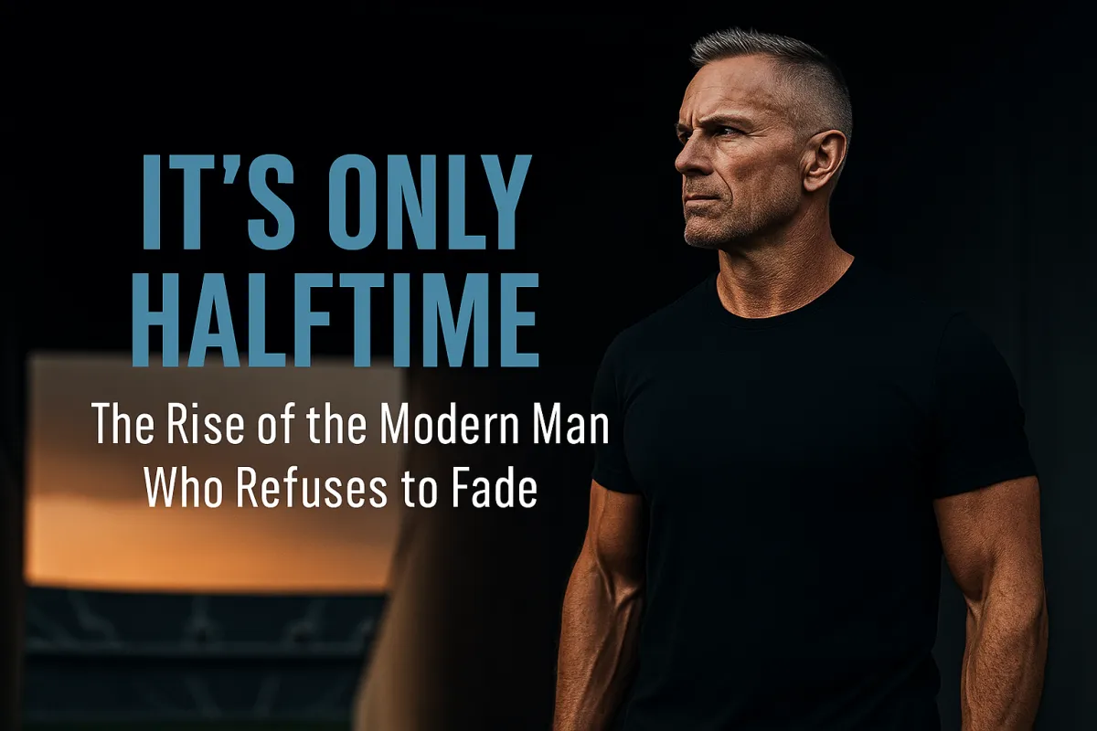 A determined, fit middle-aged man stands in a dark stadium tunnel, bathed in cinematic lighting with Hawaiian blue and platinum tones. The text overlay reads “It’s Only Halftime: The Rise of the Modern Man Who Refuses to Fade,” symbolizing resilience, strength, and the comeback mindset of men reclaiming their vitality in the second half of life.