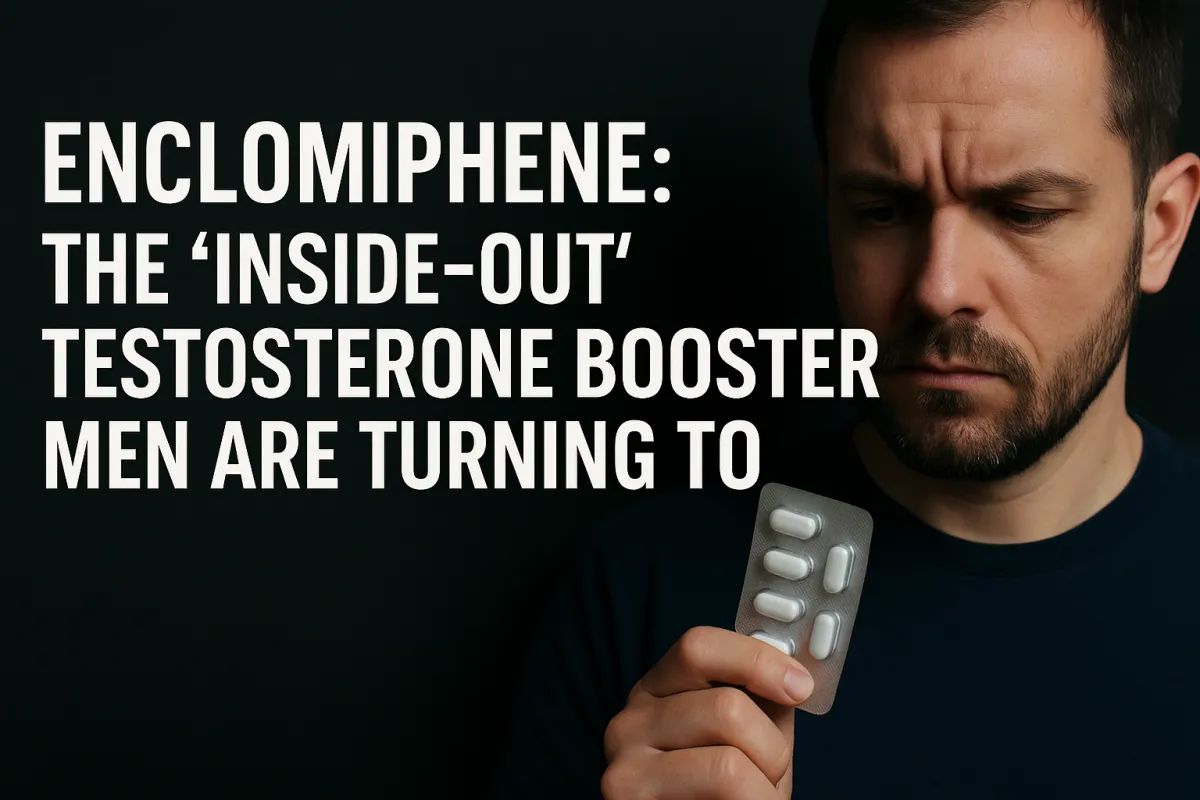 A serious-looking man examines a blister pack of white pills while bold text reads âEnclomiphene: The âInside-Outâ Testosterone Booster Men Are Turning To,â highlighting the controversy, curiosity, and complexity surrounding enclomiphene for menâs hormone health.