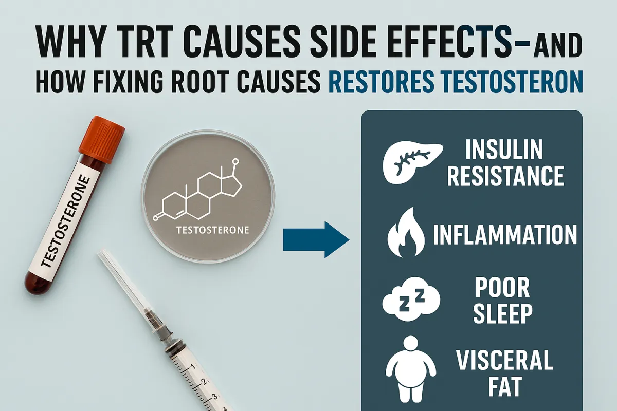 Graphic illustrating how insulin resistance, inflammation, poor sleep, and visceral fat drive low testosterone and amplify side effects when men start TRT.