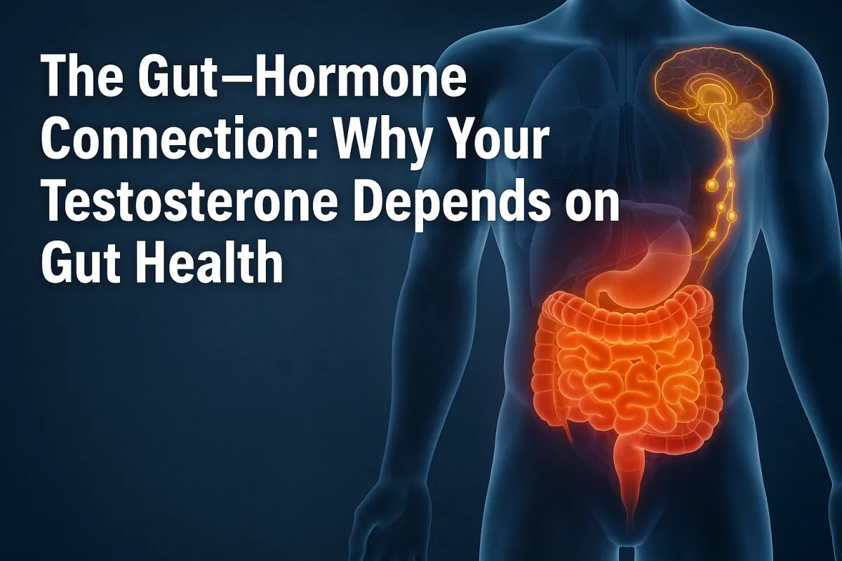 A male anatomical illustration highlighting the gut and brain connection with glowing intestines and neural pathways, paired with the title ‘The Gut–Hormone Connection: Why Your Testosterone Depends on Gut Health’ on a dark blue background.