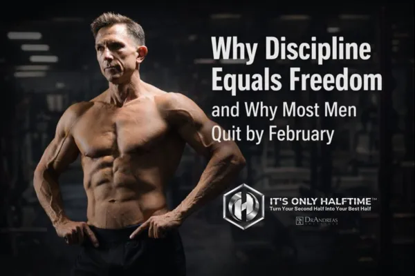 Fit, disciplined middle-aged man, Dr. Andreas Boettcher, standing in a dark gym environment, symbolizing strength and consistency, alongside the text “Why Discipline Equals Freedom and Why Most Men Quit by February.