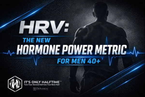 A muscular middle-aged man stands facing away in a dark, carbon-fiber textured background with electric blue light streaks and an ECG heartbeat line. Bold headline text reads “HRV: The New Hormone Power Metric for Men 40+” in strong white and blue fonts, conveying a high-performance, science-driven energy.