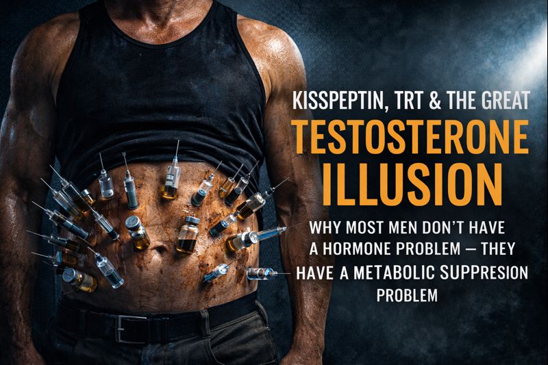 Cinematic blog cover image showing a strong middle-aged man with symbolic injection needles across the abdomen, representing hormone and peptide shortcut culture, alongside the title ‘Kisspeptin, TRT & the Great Testosterone Illusion.