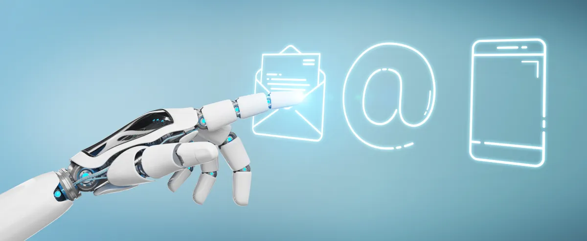 A graphic image featuring a robotic hand interacting with digital icons symbolizing different aspects of digital communication. The hand is white with blue accents, suggesting advanced technology, possibly relating to automation in digital marketing. It points to neon outlines of an envelope, the '@' symbol, and a mobile device, all glowing against a soft blue background. This could represent concepts such as email marketing, online communication, and mobile technology.