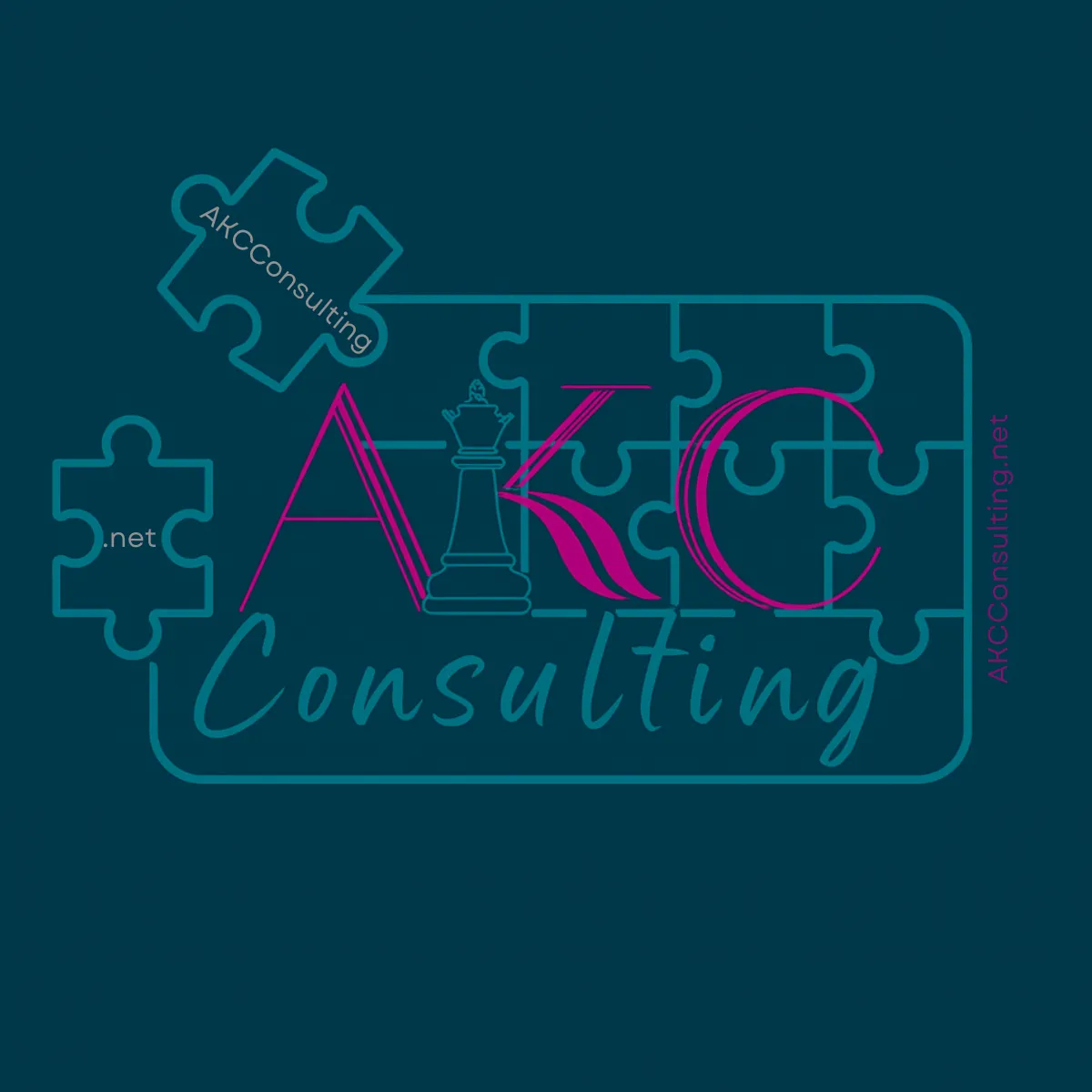 Puzzle pieces mostly together spelling out AKCConsulting.net