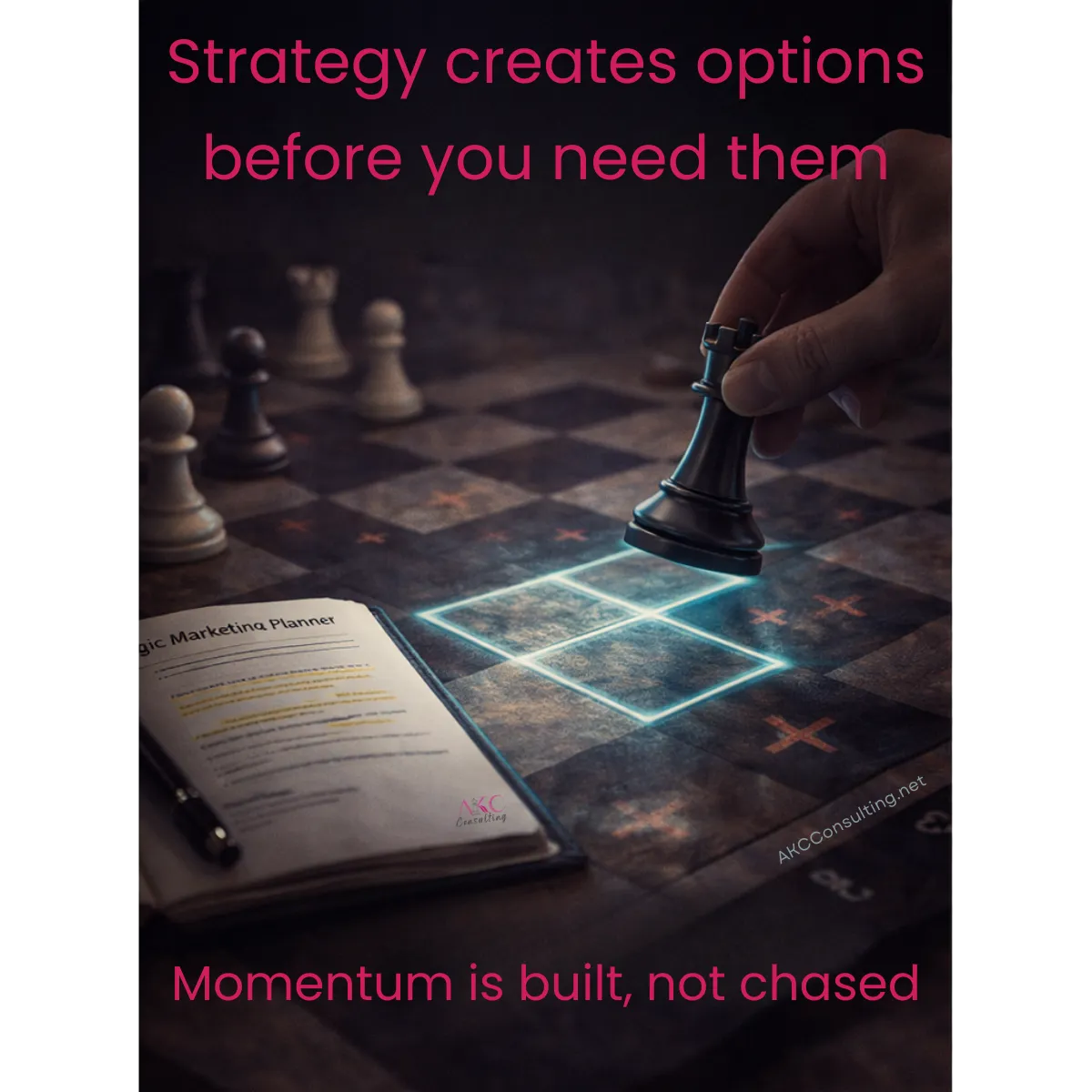 Chessboard in motion with game playbook