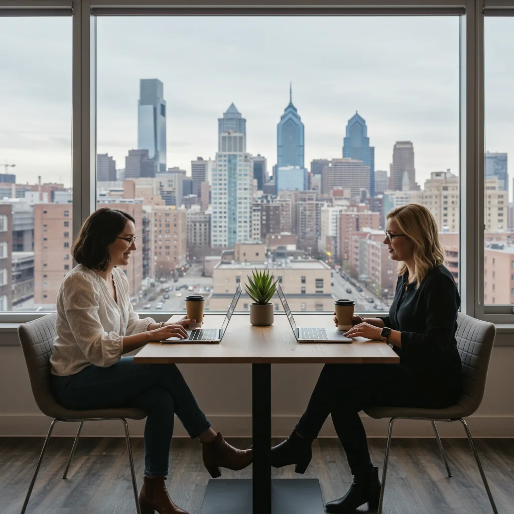 Two Pennsylvania women entrepreneurs meeting in a modern co-working space with laptops and coffee, the Philadelphia skyline visible through large windows, discussing business strategy
