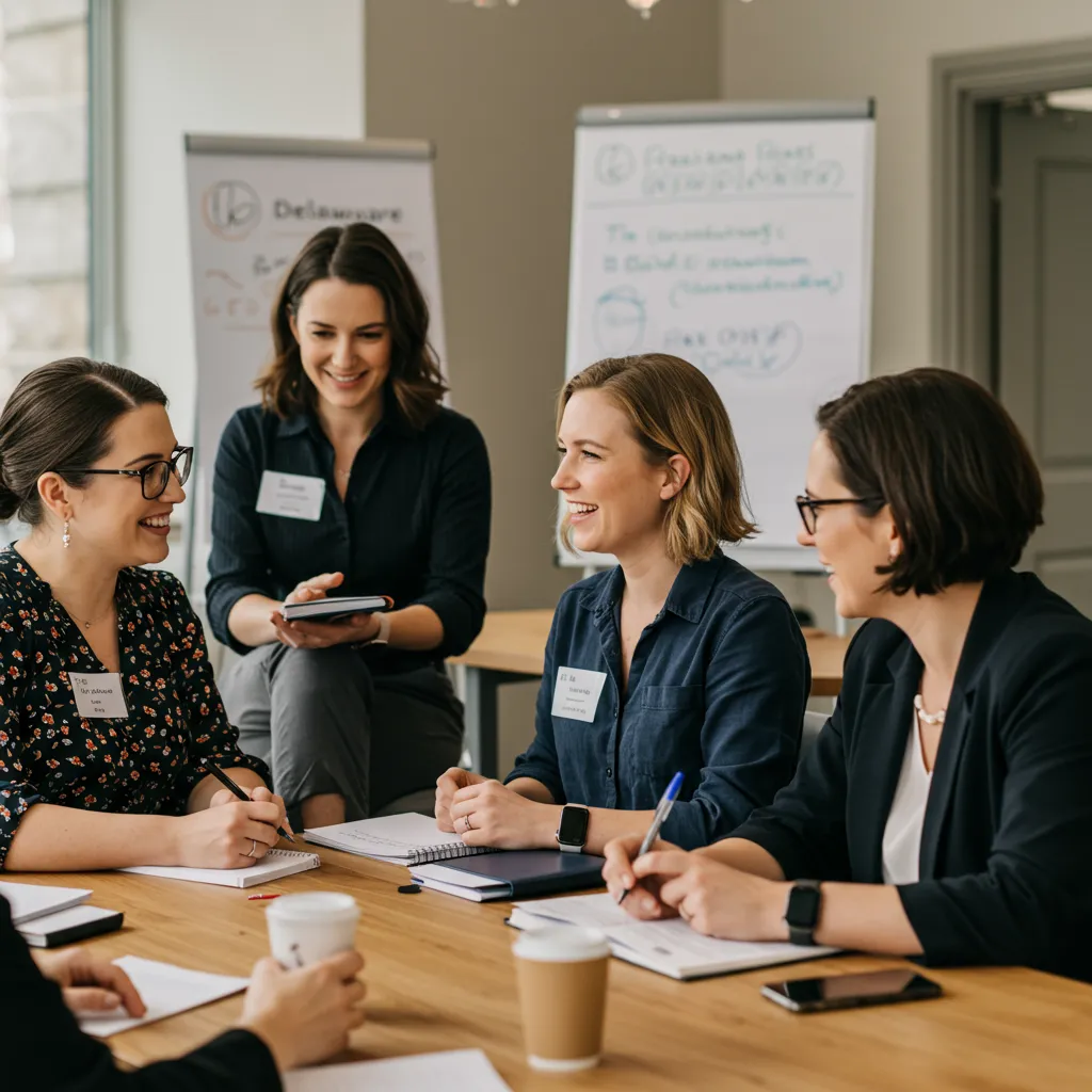 Delaware women entrepreneurs networking in a bright conference space with notebooks and coffee cups, collaborating on new business ideas