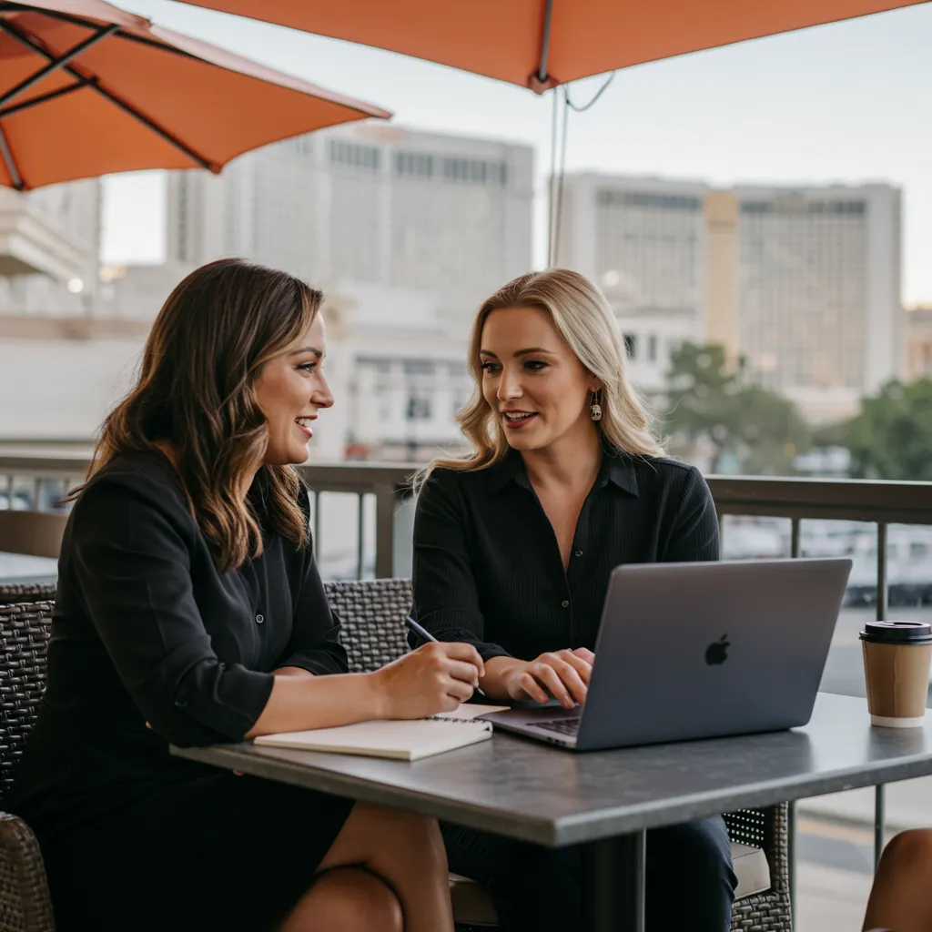 Two Nevada women entrepreneurs working together at a stylish outdoor café in Las Vegas with laptops and notebooks, the city skyline in the background, collaborating on business ideas